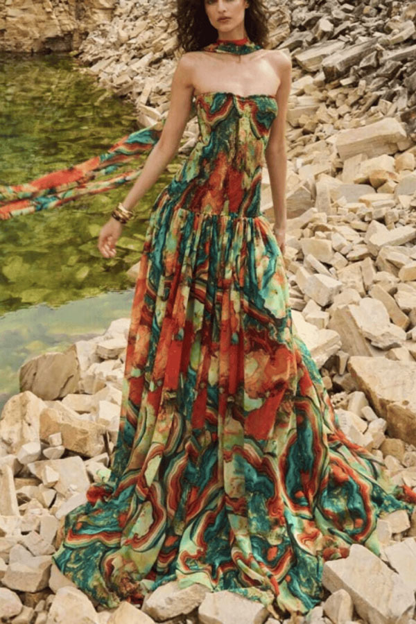 Vacay Vibes Colorful Lava Print Off Shoulder Smocked Scarf Maxi Dress-consonak