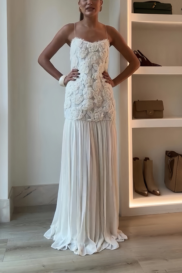 Indulge in Floral Applique Pleated Chiffon Hem Slip Maxi Dress-consonak