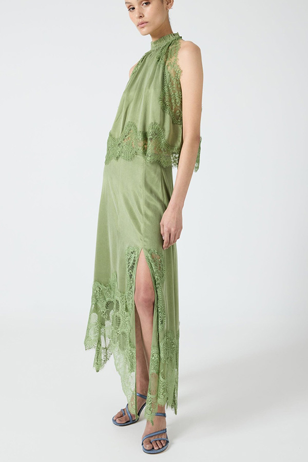 Modern Muse Satin Lace Trim Pleated Neck Top and A-line Irregular Slit Skirt Set | Consonak