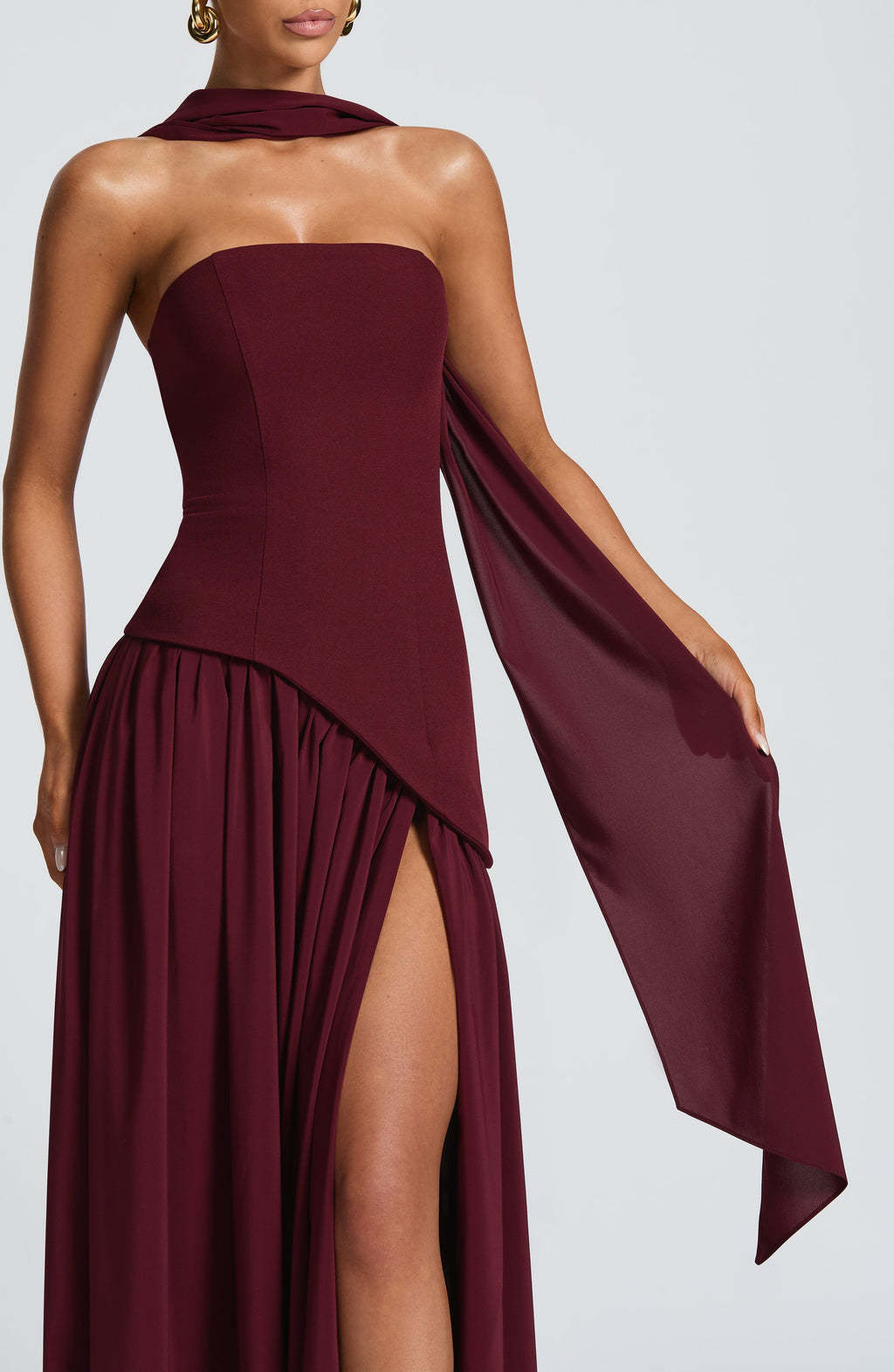 consonak Strapless Back Lace-up High Slit Splice Maxi Dress-consonak