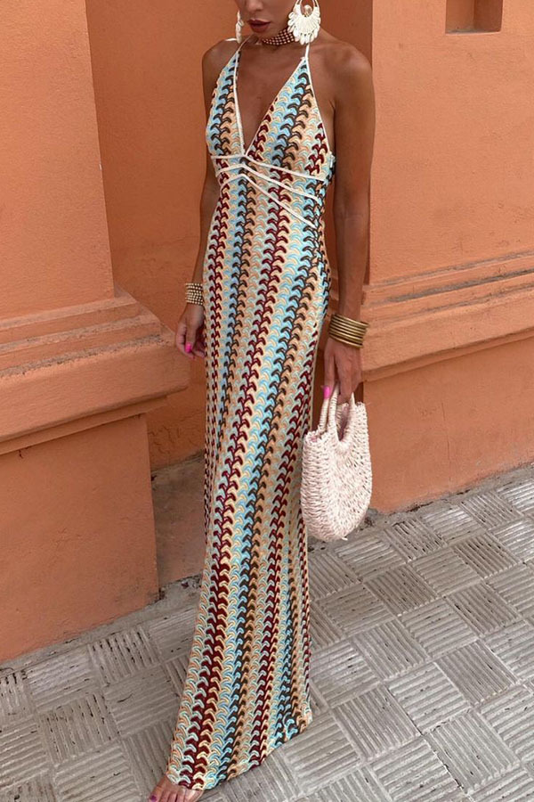 Playful Colorful Knit Holiday Style Halter Neck Maxi Dress-consonak