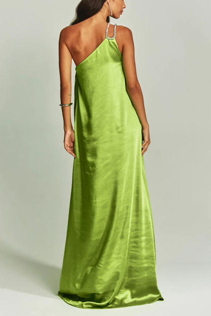 Charming Glance Satin Metal Hardware One Shoulder Loose Maxi Dress-consonak