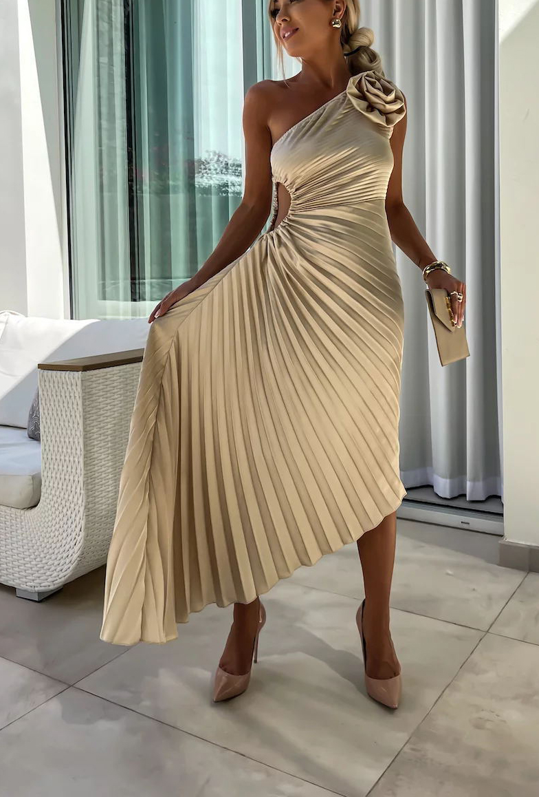 Romantic Nights Satin Raised Flower Elastic Cutout One Shoulder Pleated Maxi Dress-consonak