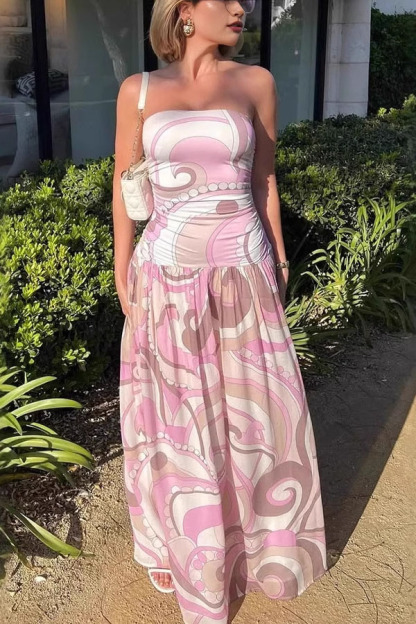 Gorgeous Pastels Unique Print Off Shoulder Low Rise Loose Maxi Dress-consonak