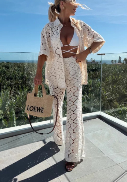 Holiday Crochet Flowers Lace Short Sleeve Shirt and Elastic Waist Wide Leg Pants Set-consonak