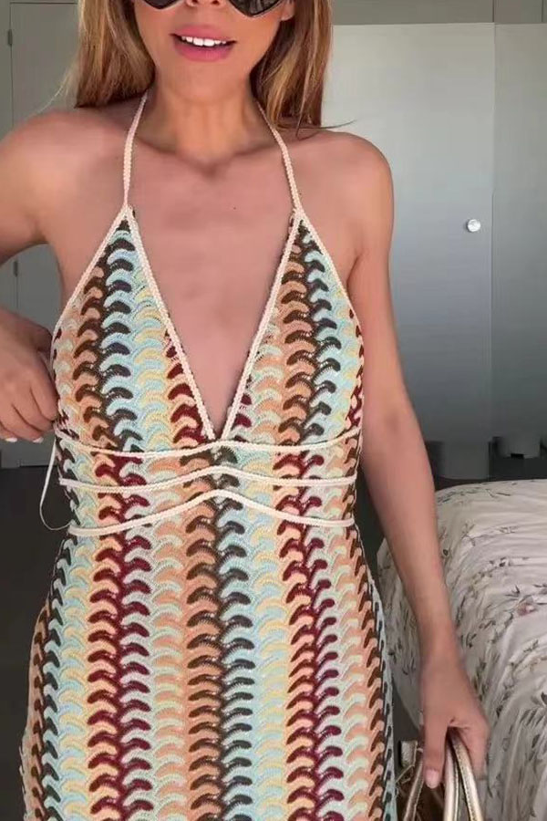 Playful Colorful Knit Holiday Style Halter Neck Maxi Dress-consonak