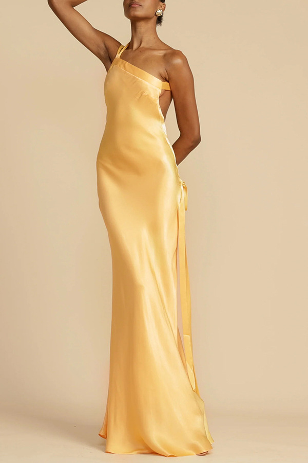 Spring and summer new party oblique shoulder slim dress INS casual elegant party fashion satin dress-Consonak