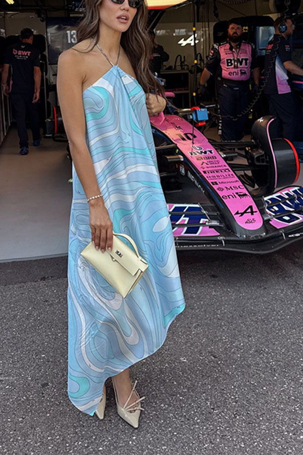 Elmhurst Satin Unique Print Chain Halter Draped Scarf Midi Dress-consonak