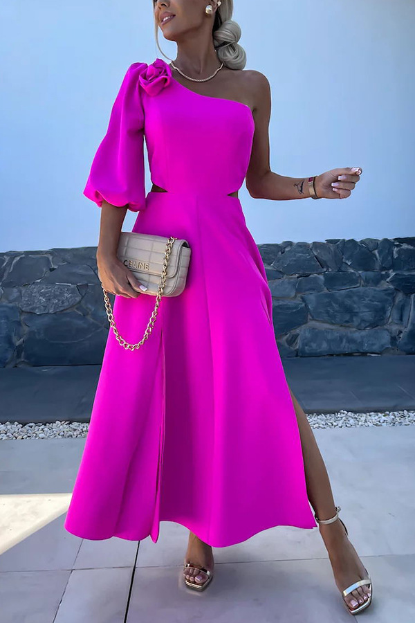 Women's spring and summer new flower oblique shoulder split double dress INS leisure party satin dress-consonak