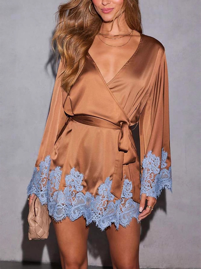 Joyful Bond Satin Lace Trim Contrast Color Bell Sleeve Tie-up Kimono Mini Dress-consonak