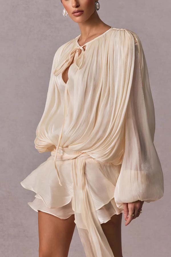 Ninah Glitter Fabric Pleated Balloon Sleeve Tiered Ruffle Hem Mini Dress-consonak