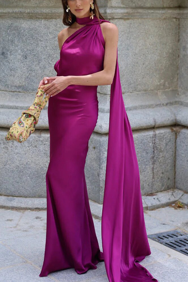 Crush on You Satin One Shoulder Backless Cape Maxi Dress-consonak