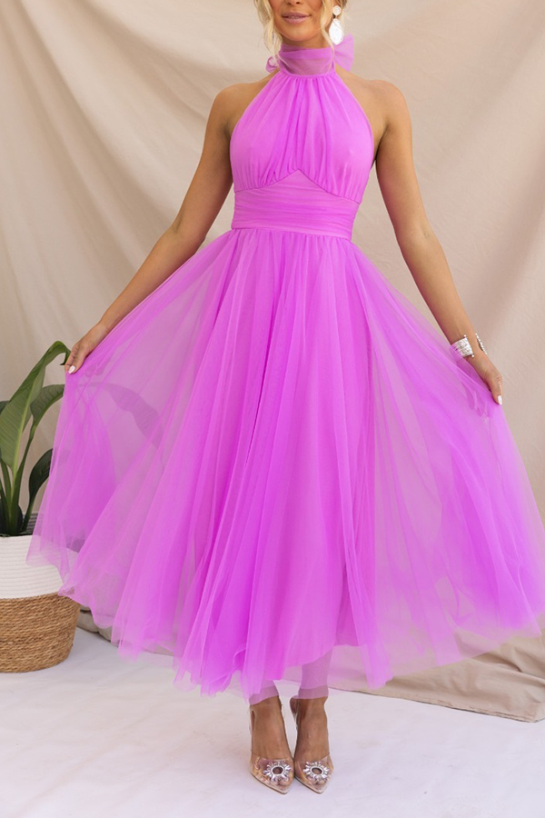 Fairy Vibes Tulle Gathered Detail Halter Maxi Dress-consonak