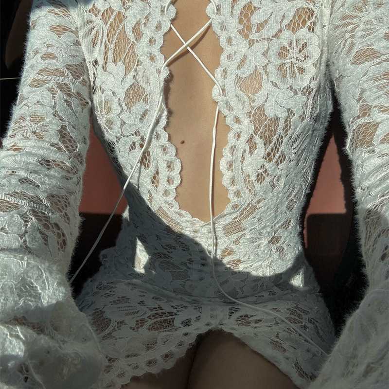 Garcelle Floral Lace Lace-up Long Bell Sleeve Slit Midi Dress-consonak