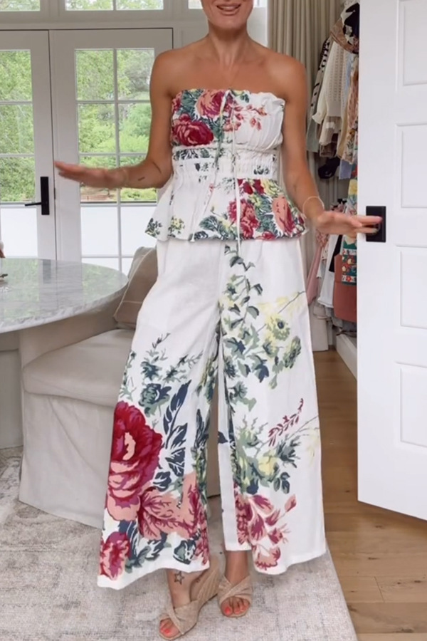 In To The Summer Linen Blend Floral Print Elastic Bandeau and Elastic Waist Pocket Loose Pants Set-consonak