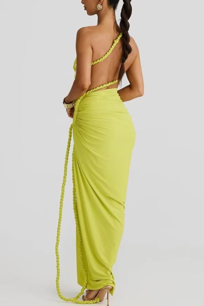 Juliana Rope Detail Ruched One Shoulder Cutout Stretch Maxi Dress-consonak