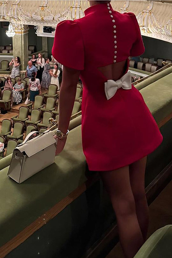 Sweet Moment Slit Short Sleeve Backless Removable Satin Bow Mini Dress-consonak