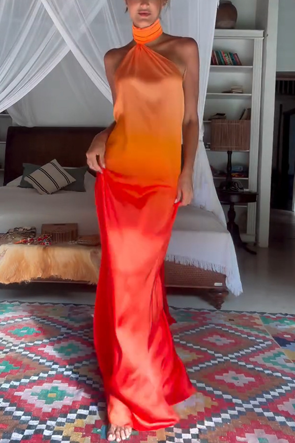 Chase The Sun Gradient Print High Neck Backless Tie-up Maxi Dress | Consonak