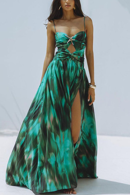 Unique Printed High Slit Beach Maxi Dress-consonak