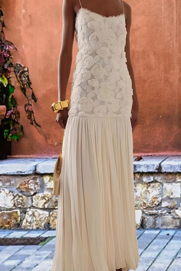 Indulge in Floral Applique Pleated Chiffon Hem Slip Maxi Dress-consonak