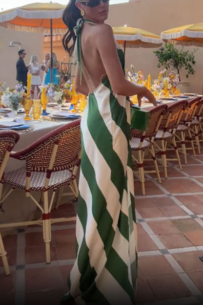 Most Dreamy Stripe Print Halter Tie-up Backless Pocket Loose Maxi Dress-consonak