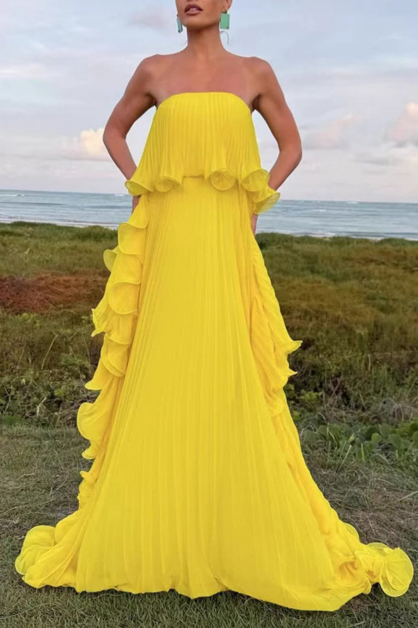 Reina Chiffon Pleated Wavy Ruffles Trim Strapless Loose Maxi Dress-consonak