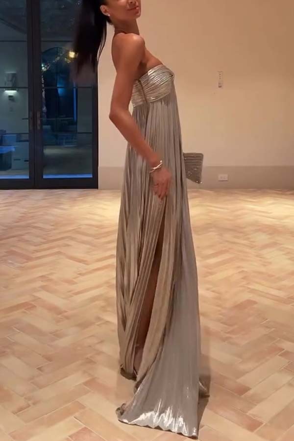 Night Elf Metallic Fabric Pleated Off Shoulder Twist Bust Slit Maxi Dress | Consonak