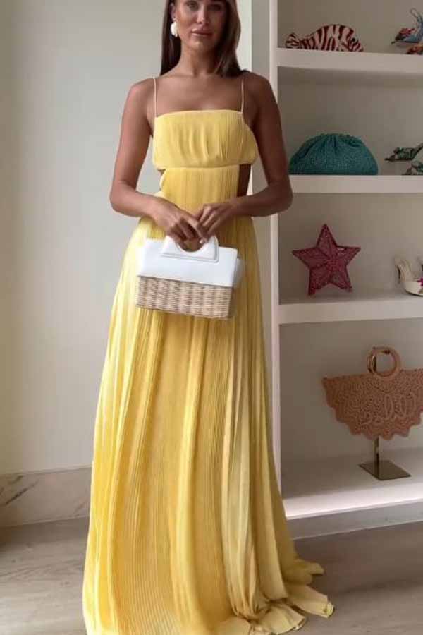 Butter Moment Pleated Cutout Waist A-line Slip Maxi Dress-consonak