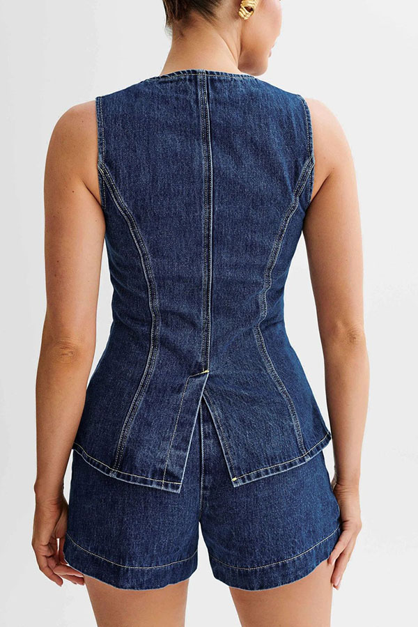 Abel Denim Button Up Princess Seams Pocket Vest Top-consonak