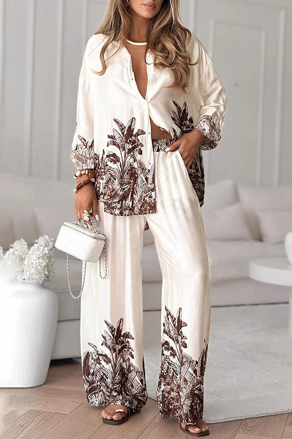 Botanical Print Loose Long-sleeved Shirt and Elastic Waist Pocket Casual Wide-leg Pants-consonak