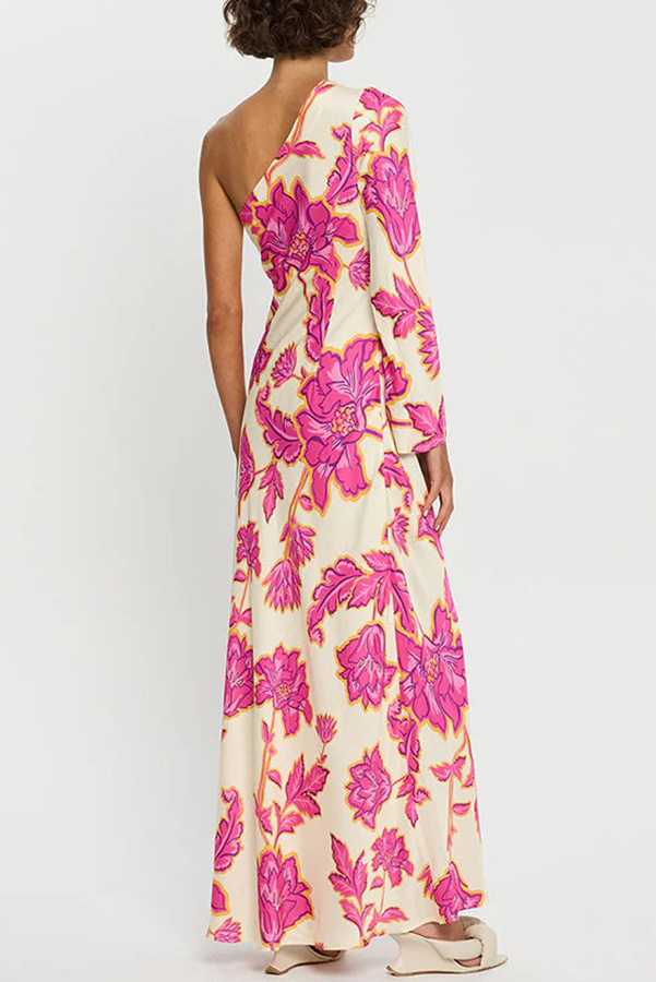 Rhia Satin Floral Print One Shoulder Flared Maxi Dress | Consonak