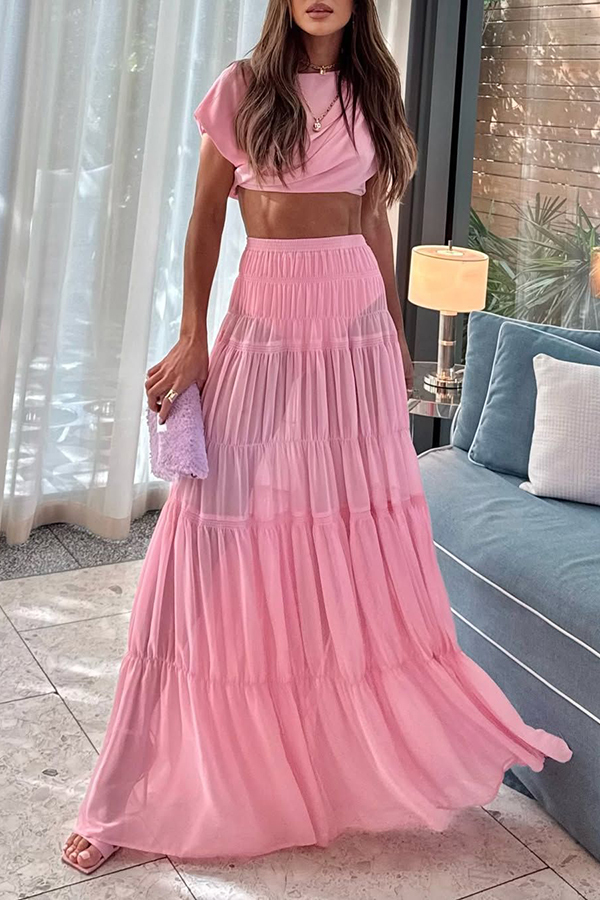 Stunning Chiffon Elastic Waist Layered A-line Maxi Skirt-consonak
