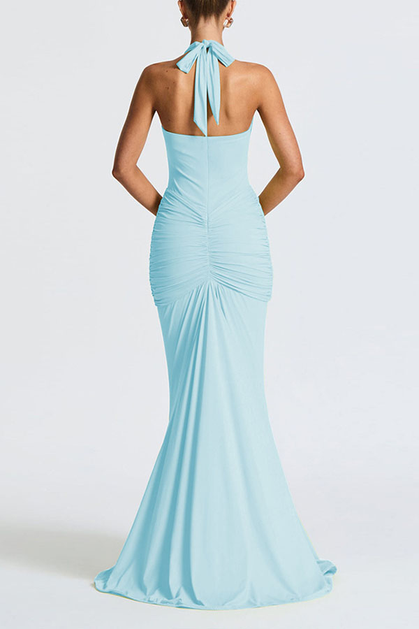 Solid Color Elegant Halterneck V-neck Open Back Tie Gathered Maxi Dress-consonak