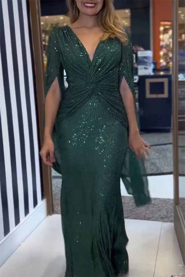Shine Brighter Sequin Cape Sleeve Cross Waist Evening Maxi Dress-consonak