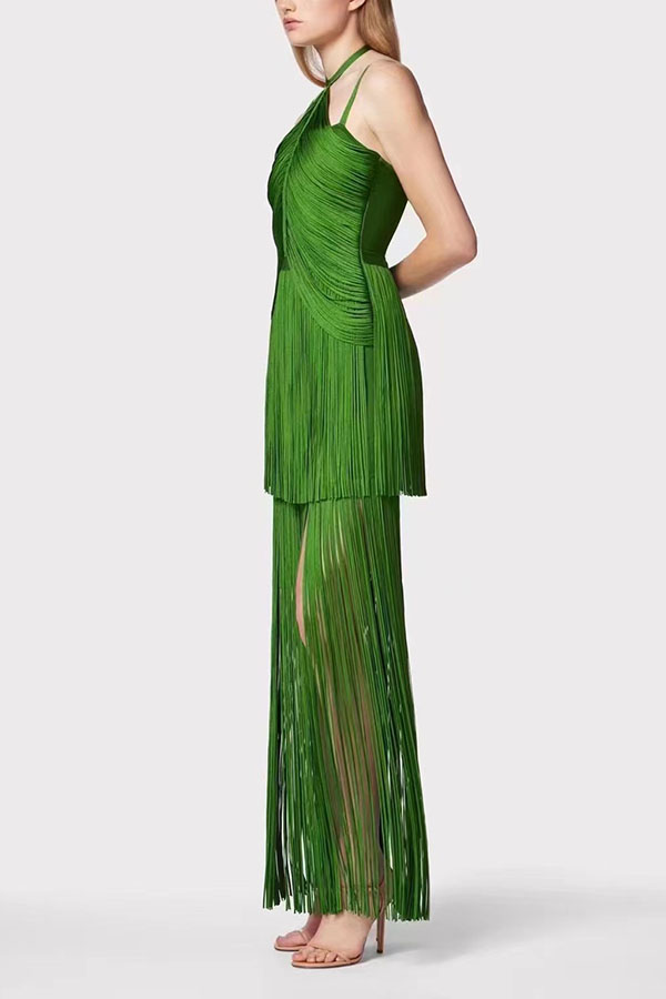 Sexy Halterneck Open Back Elegant Tassel Slim Maxi Dress-consonak
