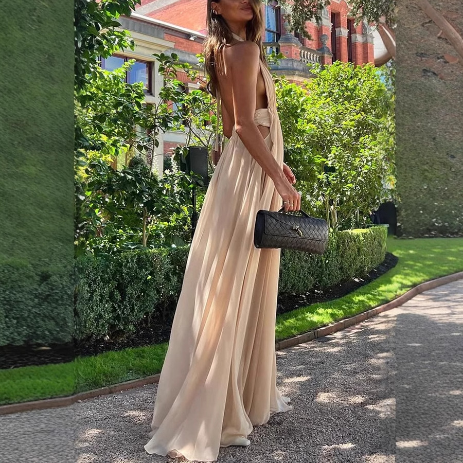 Ethereal Moment Tulle Cutout Ruched Waist Backless Halter Maxi Dress-consonak