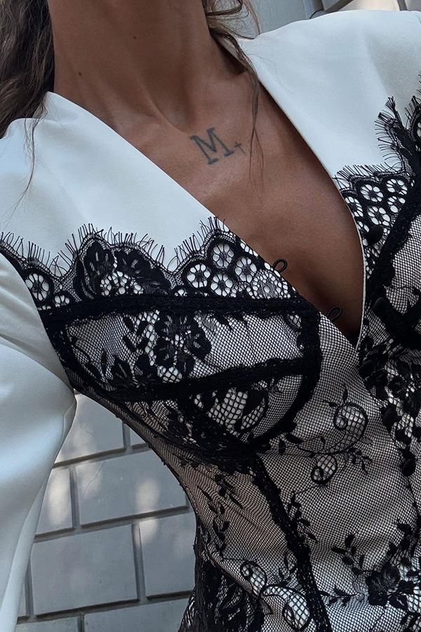 Saela Contrast Lace Corset Design V-neck Long Sleeve Tulip Mini Dress-consonak