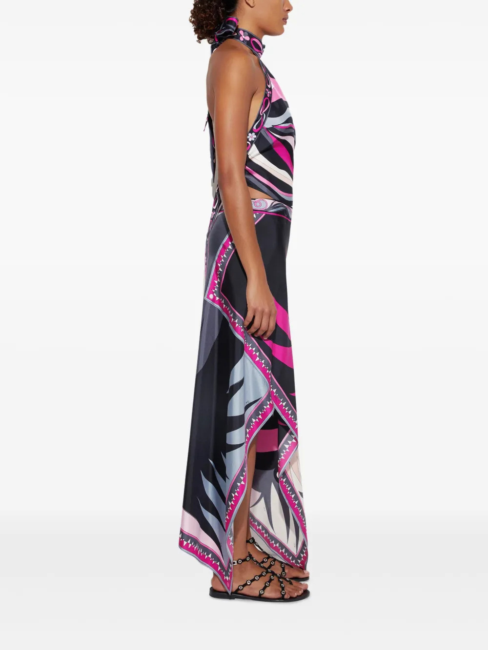 Satin Unique Print Halter Top and Irregular Midi Skirt Set-consonak