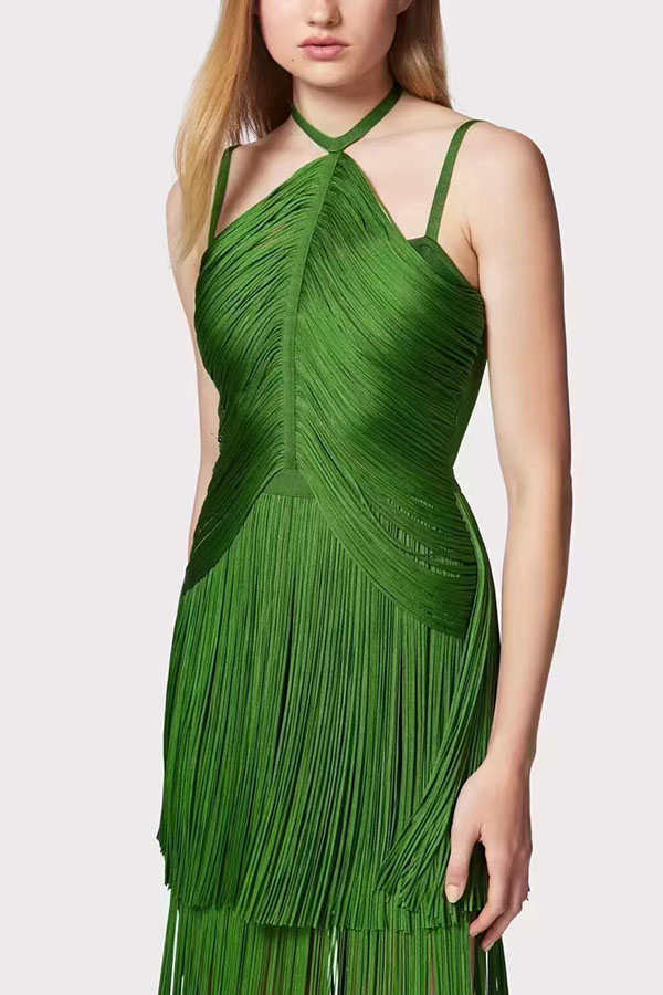 Sexy Halterneck Open Back Elegant Tassel Slim Maxi Dress-consonak