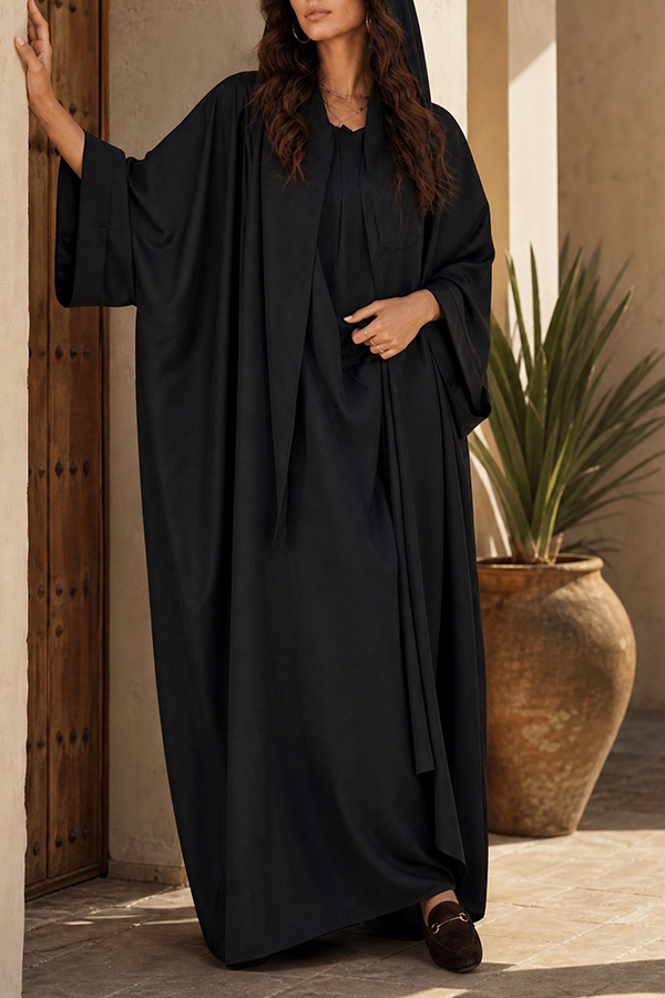Open Front Black Satin Abaya Set Matching Hijab Modest Maxi Dress for Women