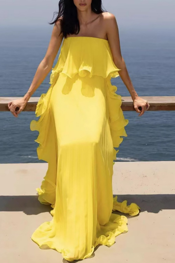 Reina Chiffon Pleated Wavy Ruffles Trim Strapless Loose Maxi Dress-consonak