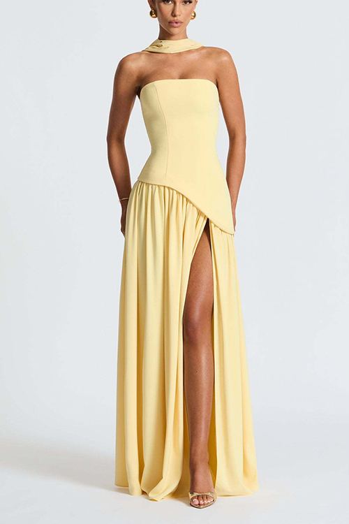 consonak Strapless Back Lace-up High Slit Splice Maxi Dress-consonak