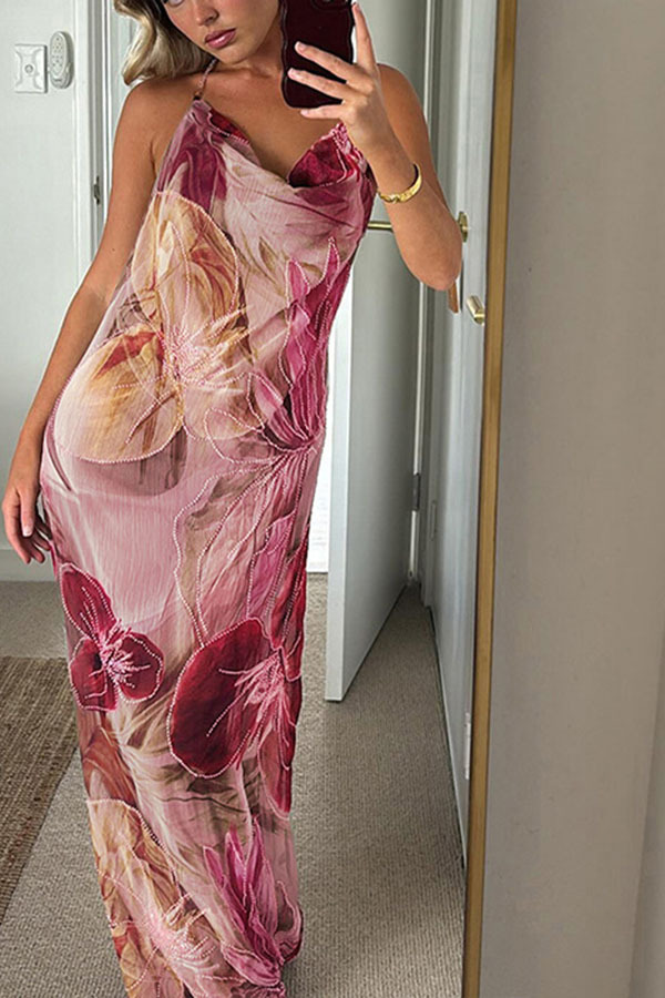 Floral Print Sexy Backless Slit See-Through Holiday Maxi Dress-consonak