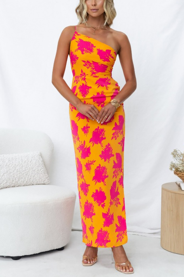 Right Time Floral Print One Shoulder Slit Party Maxi Dress-consonak