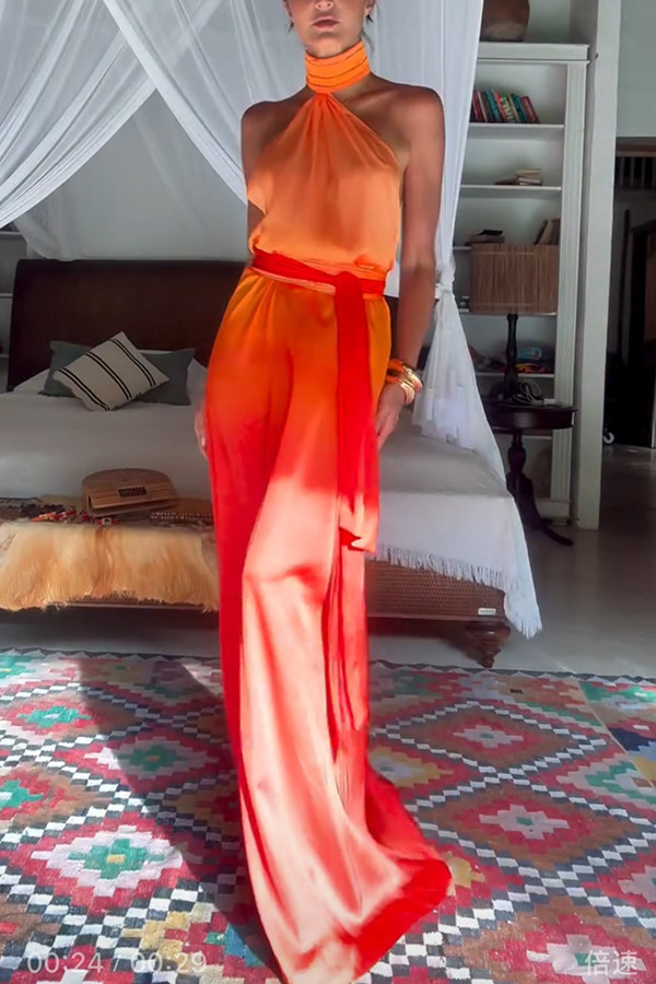 Chase The Sun Gradient Print High Neck Backless Tie-up Maxi Dress | Consonak