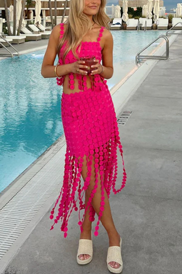 Caitlin See Through Circle Embroidery Elastic Waist Tassle Hem Maxi Skirt-consonak