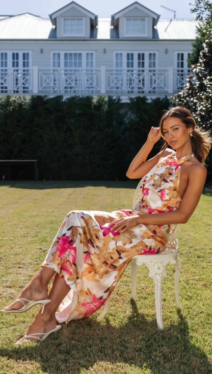 Happier Now Satin Floral Halter Maxi Dress-consonak