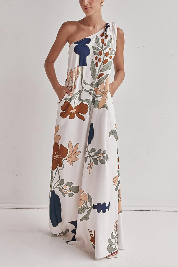 Matches The Vacation Unique Print One Shoulder Tie-up Pocketed Loose Maxi Dress-consonak