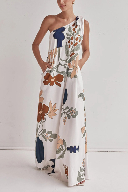 Matches The Vacation Unique Print One Shoulder Tie-up Pocketed Loose Maxi Dress-consonak