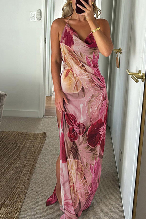 Floral Print Sexy Backless Slit See-Through Holiday Maxi Dress-consonak